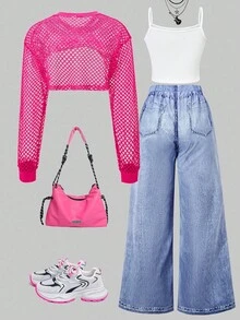 SHEIN ChillGRL 青少年女孩 3 件套服裝組合：寬鬆牛仔效果長褲、短版細肩帶背心上衣、長袖網紗連帽上衣，街頭風 Y2K 時尚穿搭 - 玫紅色 - 查看 2