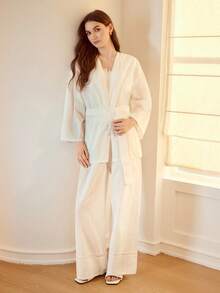 MOTF PREMIUM 3PCS SOLID LACE INSERT CAMI TOP & WIDE LEG PANTS & BELTED ROBE PAJAMA SET - White - View 5