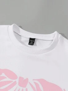 SHEIN ChillGRL 2 件套少女蝴蝶结印花连帽衫和刺绣直筒裤套装 - 淺灰色 - 查看 3