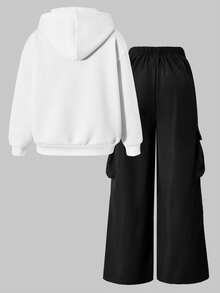 SHEIN ChillGRL 两件套：少女字母印花连帽卫衣+绿色工装裤，休闲街头风穿搭，秋冬款 - 黑色 - 查看 2
