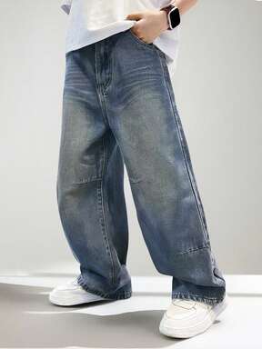 デニムリー ボーイズ カジュアル デイリー アーバンストリート エラスティックウエスト ジッパーポケット ダメージデザイン ストレートレッグジーンズ