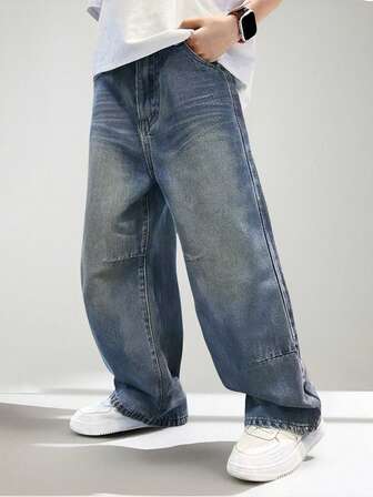 Denimly Boys' Casual Daily Urban Street Elastic Waist Zipper Pocket Distressed Design Straight Leg Jeans Baggy Jeans Washed Denim Oversized Jeans