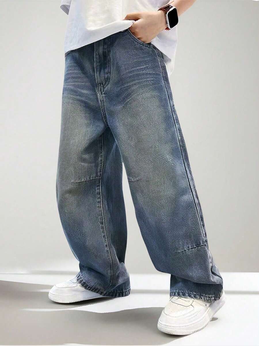 Denimly 男童休闲日常都市街头风弹力腰拉链口袋做旧设计直筒牛仔裤