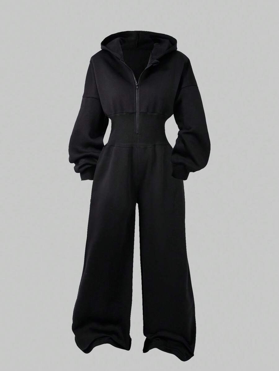 SHEIN ChillGRL 青少年女孩连帽拉链运动衫和高腰保暖衬里裤连体衣 - 黑色 - 查看 1