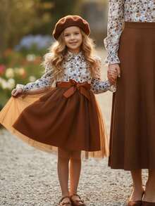 Young Girl Elegant Floral Print Contrast Mesh Bow Decor Long Sleeve Dress