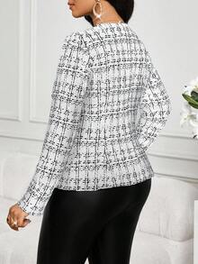SHEIN Lady Áo khoác nữ cổ điển thanh lịch tay phồng, cài một hàng khuy, họa tiết kẻ caro cổ điển cho mọi mùa - trắng - Xem 3