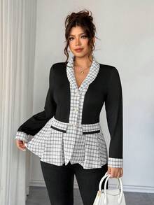 Elenzga 大码女式优雅拼接格子面料仿珍珠纽扣装饰不对称荷叶边下摆长袖衬衫 - 黑與白 - 查看 5