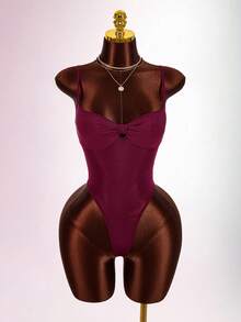 Y2K Amplova 2pcs Women's Sexy Avant-Garde Date Night Outfit, Twist Knot Butterfly Bust Waist Sheer Jumpsuit, Floral Print Skirt Slaydiva Dress Mini Dress Night Club Dress Sexy Birthday Dress - Burgundy - View 9