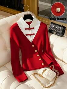 Franclia 女士新款中国风撞色针织毛衣，复古优雅通勤风金属纽扣腰部装饰套头衫 - 紅色 - 查看 1