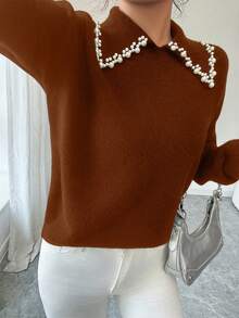 SHEIN Elenzya Aniusta 女士秋冬休闲上衣，适合度假、独立日、劳动节、哥伦布日、感恩节、情人节、复古风、斯德哥尔摩风、图卢姆风、韩版风、优雅百搭、学生装、教师装、哥特风、办公室装、商务休闲装、返校季等场合，黑色针织衫，领口饰有装饰。 - 紅木色 - 查看 6