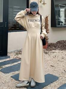 DAZY 女士休闲印花长袖中长款连帽连衣裙 - 杏色 - 查看 5