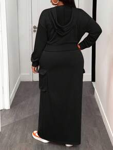 Slaydiva 秋冬新品，适合音乐节、复活节、生日派对、日常休闲、度假、邮轮旅行、海滩、日光浴等场合，流行橙色长袖连帽衫和工装口袋半身裙套装，大码两件套，长裙两件套。 - 黑色 - 查看 3