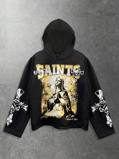 Herren lässiger Hoodie mit Buchstaben- und Porträt-Grafik, weite Passform, Herbst