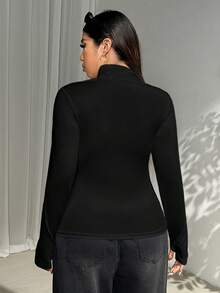 SHEIN EZwear Plus Size Women Black Turtleneck Long Sleeve T-Shirt, Versatile For Autumn/Winter,Christmas,New Year,Thanksgiving,Party,Wedding,Beach,Graduati,Chic,Elegant,Casual,Going Out,Date,Appointment,Commute - Black - View 2