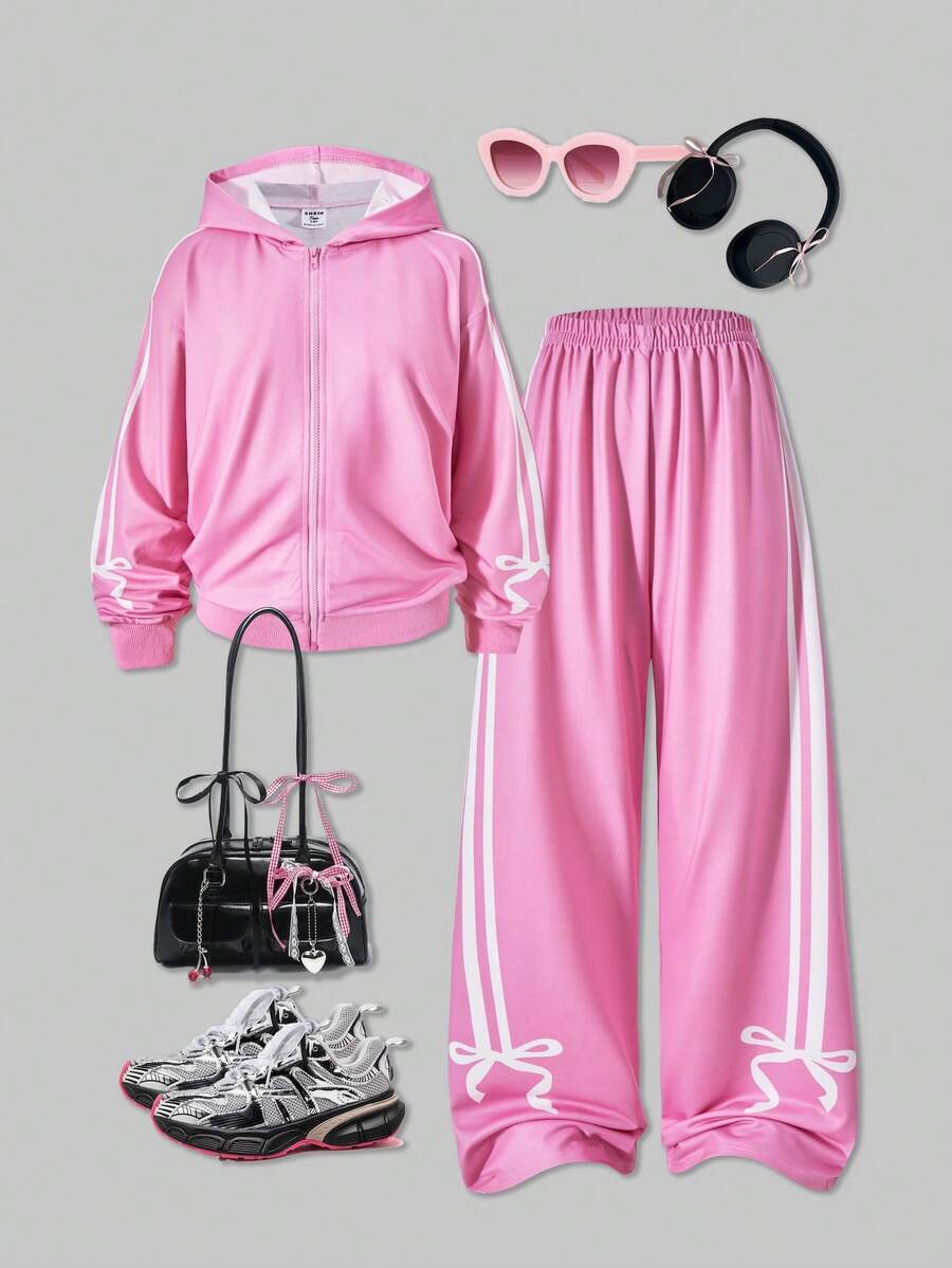 SHEIN ChillGRL 两件套 Streecool 青少年拉链连帽印花外套卫衣和直筒蝴蝶结条纹印花裤,休闲街头时尚套装,适合春秋季日常穿着、通勤、运动、返校季。 - 粉色 - 查看 1