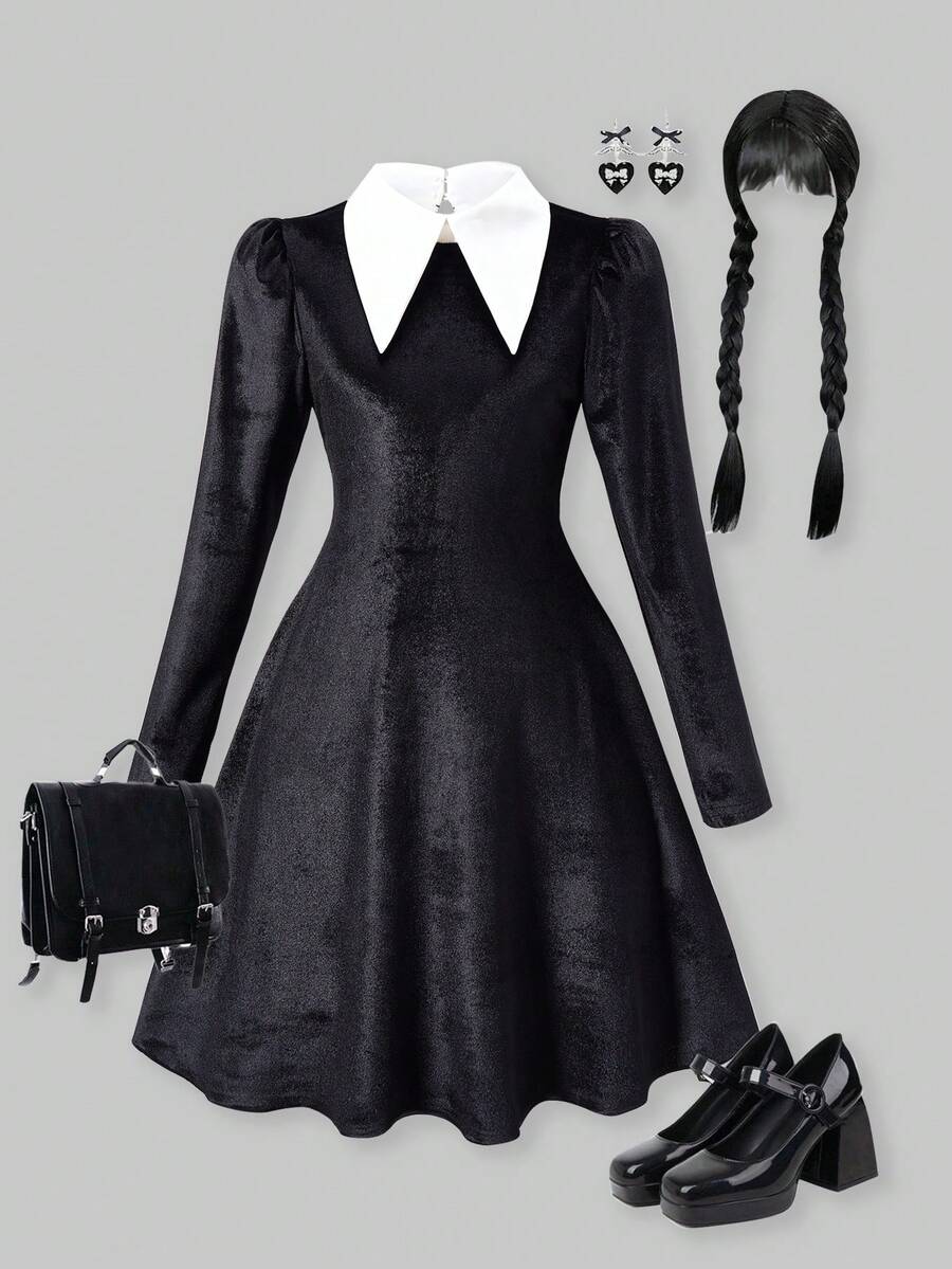 SHEIN Explorewe Tween Girl Casual Commuter School Style Color Block Gigot Sleeve Waist Cinched Dress, Autumn - Black - View 1