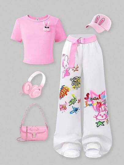 SHEIN ChillGRL Set de 2 piezas de camiseta con gráfico de conejo liso y pantalones con estampado de graffiti para niñas preadolescentes