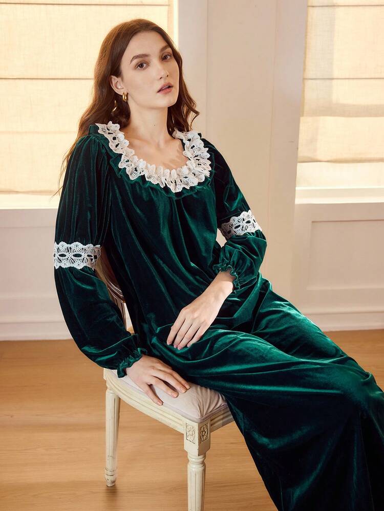 VELVET CONTRAST FRILL TRIM LOUNGE DRESS