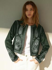 Aveloria Modichic Autumn New French High-End Embroidered Velvet Jacket - Army Green - View 5