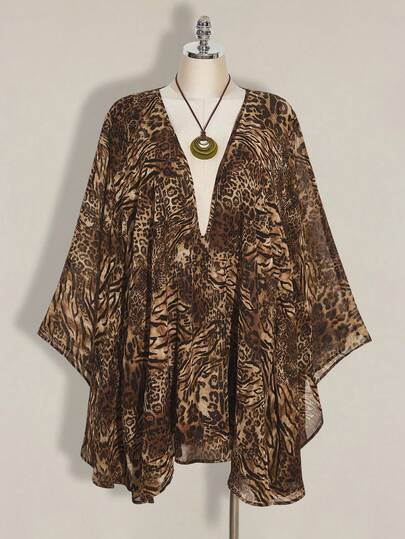 SHEIN ICON Plus Size Retro Casual Vacation Sexy Avant-Garde Fashion Bold Individual Modern Urban Deep V-Neck Loose Skirt Cover-Up Leopard Print Brown Chiffon Dress