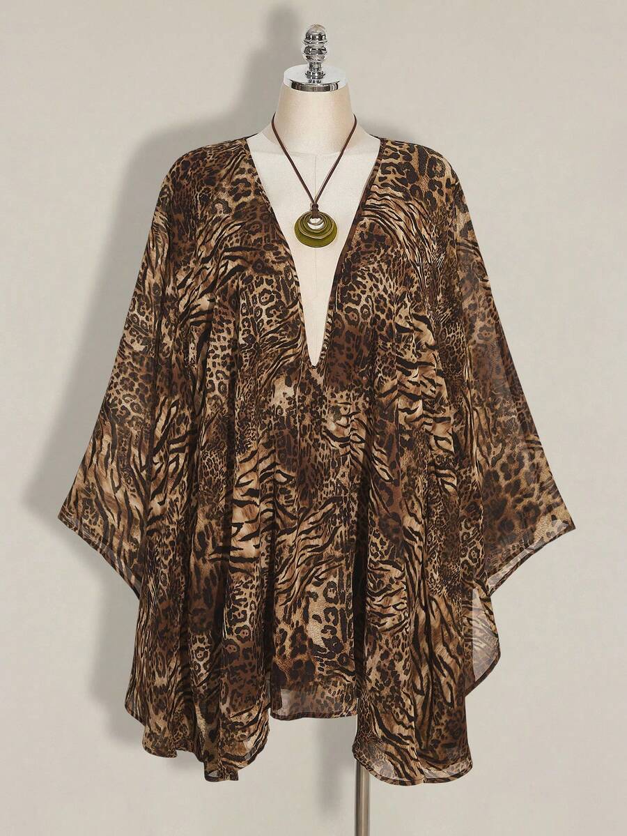 SHEIN ICON 大码女式豹纹混色宽松迷你连衣裙 - 棕色 - 查看 1
