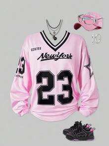 SHEIN ChillGRL 青少年女孩休闲字母条纹 V 领宽松长袖 T 恤，带数字图案，酷炫时尚上衣，适合返校、篮球、足球、排球运动服 - 粉色 - 查看 1