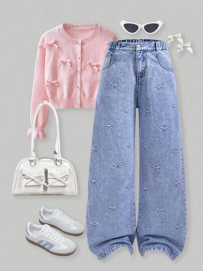 SHEIN ChillGRL 少女宽松牛仔裤，少女阔腿牛仔裤，新款刺绣蝴蝶结直筒裤，宽松版型女童牛仔裤，女童蝴蝶结牛仔裤，粉色蝴蝶结牛仔裤，牛仔女童休闲时尚，适合上学、日常、假期、户外活动和度假穿着，女童蝴蝶结牛仔裤，女童牛仔裤秋冬套装