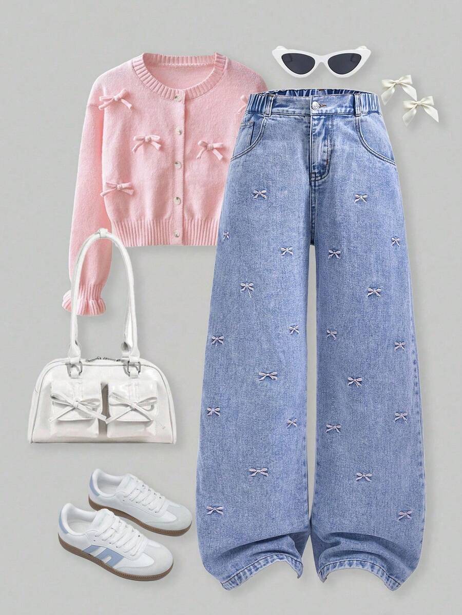 SHEIN ChillGRL 少女宽松牛仔裤，少女阔腿牛仔裤，新款刺绣蝴蝶结直筒裤，宽松版型女童牛仔裤，女童蝴蝶结牛仔裤，粉色蝴蝶结牛仔裤，牛仔女童休闲时尚，适合上学、日常、假期、户外活动和度假穿着，女童蝴蝶结牛仔裤，女童牛仔裤秋冬套装 - 藍色 - 查看 1