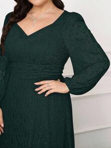 Modelyn Plus Size Women Sweetheart Neck Lace Lantern Sleeve Ruched Waist Elegant Dress Fall - Dark Green - View 5