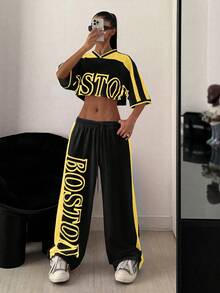 StreetHx 2pcs/Set Women's Printed Contrast Color Cropped Top + Sweatpants - Multicolor - View 7