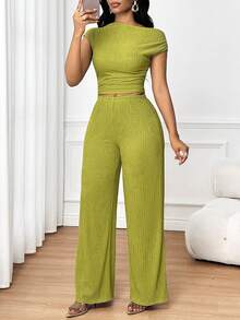 SHEIN Lady Women's Solid Color Ruched Asymmetric Neck Top And Wide Leg Pants Fashion 2-Piece Set Pants Two Piece Set Green Two Piece Set Ribbed Two Piece Set Lime Green Two Piece Comfortable Two Piece Set - Green - View 7