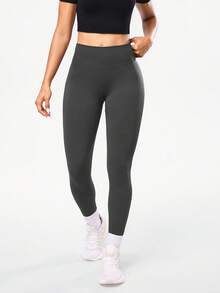 Easithlete Leggings de yoga sin costuras de unicolor, pantalones deportivos de cintura alta para fitness, running y entrenamiento, con cintura ancha para ropa deportiva de mujer - Gris - Ver 5