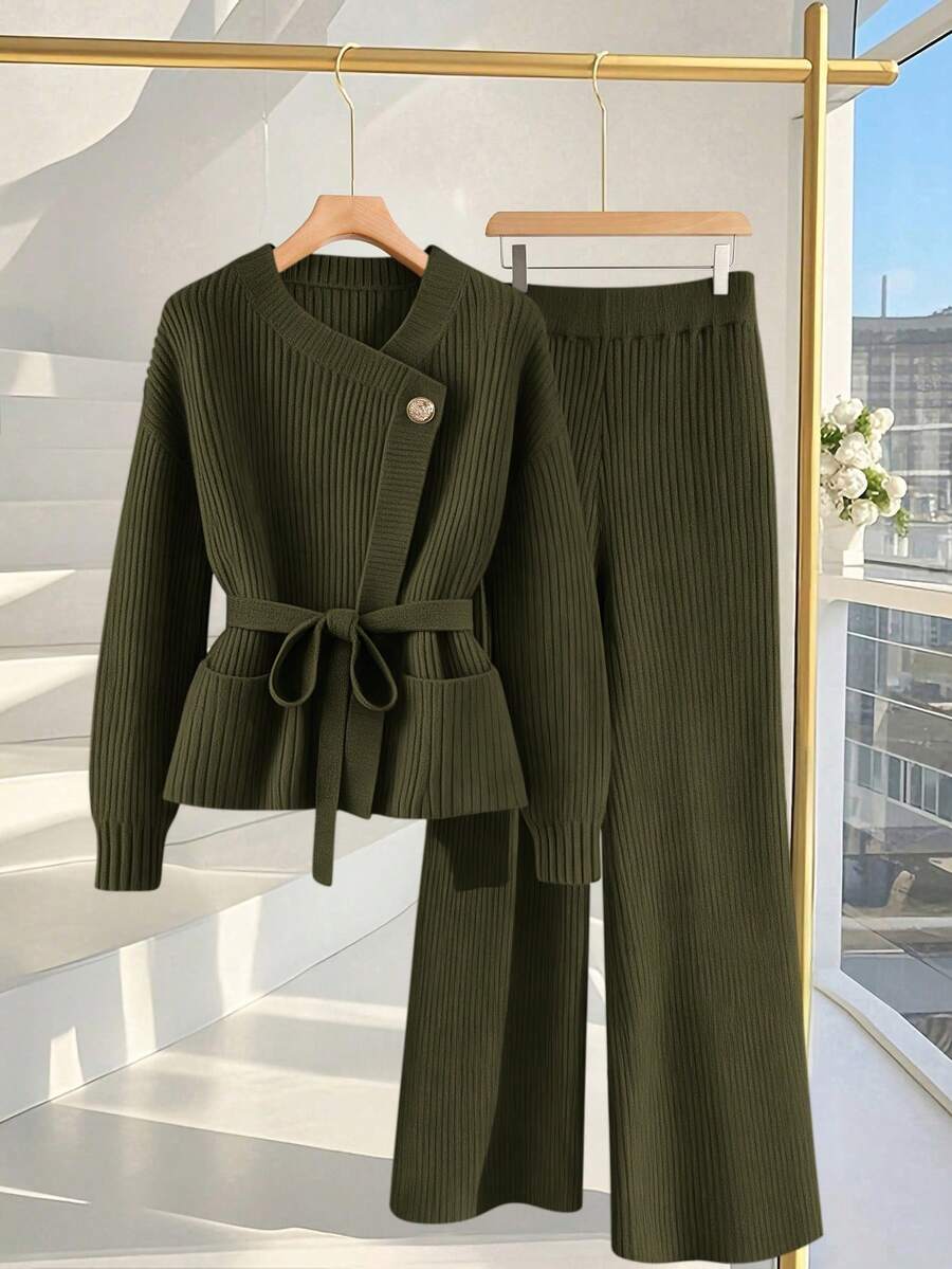 GlowEve 新款优雅套头衫，金色纽扣设计，欧美风格，百搭简约时尚针织上衣和针织裤 - 軍綠色 - 查看 1