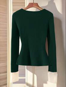 GlowEve New Fashionable Mixed Color Chic Versatile Knitted Sweater - Dark Green - View 2