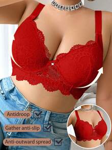 DesireSculpt 1pc Plus Size Solid Color Lace Sexy Comfortable Breathable Underwire Bra - Red - View 4