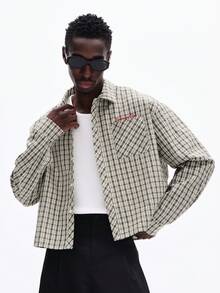 SUMWON Camisa de botones de manga larga con textura a cuadros, de corte recto, cuello casual, para otoño e invierno - Verde - Ver 1