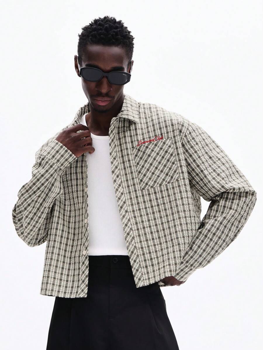 SUMWON Camisa de botones de manga larga con textura a cuadros, de corte recto, cuello casual, para otoño e invierno - Verde - Ver 1