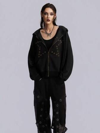 Breakform Sudadera con capucha de mujer con decoración de ojetes, diseño de pentagrama perforado, bolsillos y cremallera de metal, adecuada para uso diario
