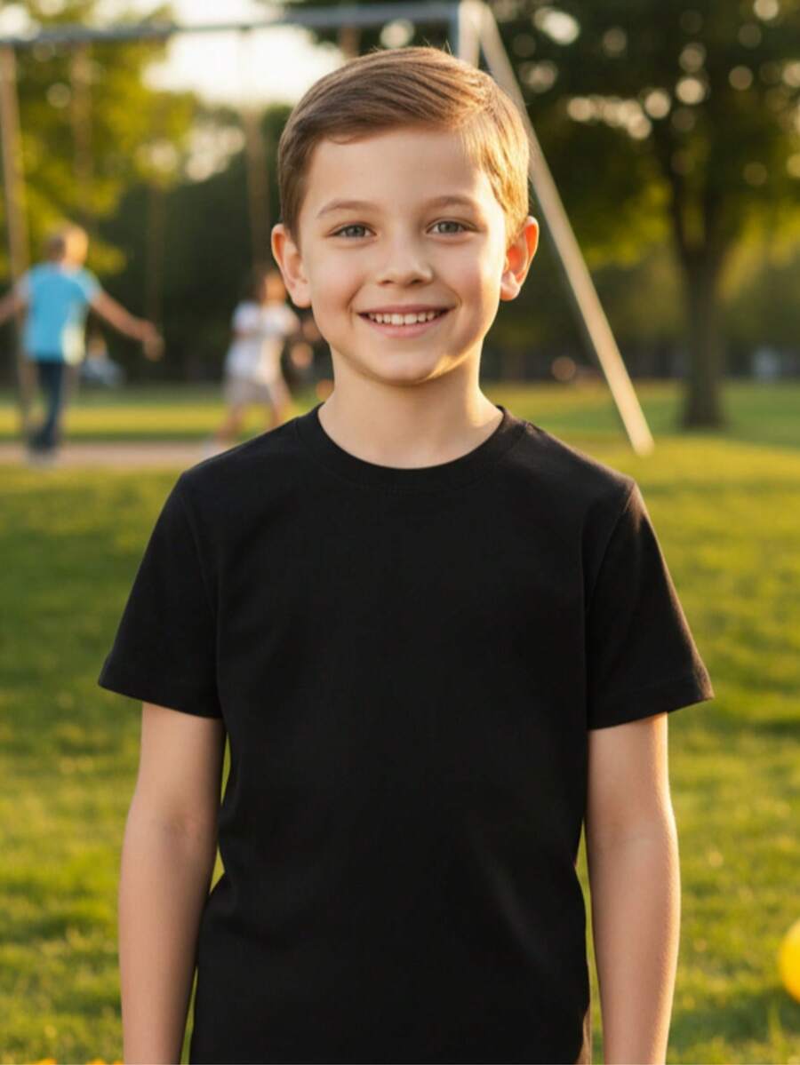 Playera negra lisa para niños 100% algodón suave básicos manga corta cuello redondo - Negro - Ver 1