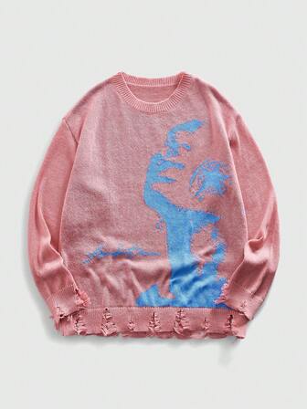 ROMWE Avant Pull col rond pour hommes avec graphique portrait déchiré