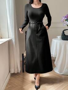 DAZY Women's Casual Contrast PU Leather Belted Long Dress, Suitable For Daily, Office, Commuting, Spring/Autumn - Black - View 3