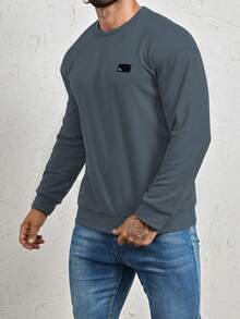 Manfinity Homme Loose Fit Men's Letter Patched Detail Sweatshirt, Fall Grey Sweatshirt Grey Sweater Men Men Full Sleeve T-Shirt Mock Neck Men Sweatshirt For Men - Dark Grey - View 6