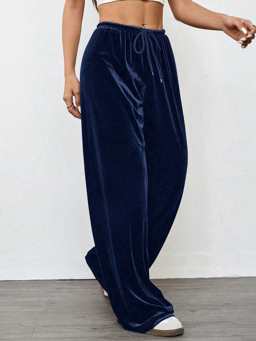 SHEIN EZwear 女士复古休闲藏蓝色丝绒宽松阔腿裤,秋冬款 - 藏蓝色 - 查看 1