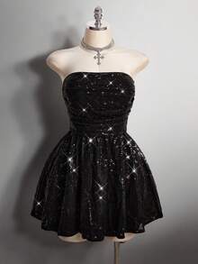 SHEIN ICON 大码女式亮片装饰无肩带派对连衣裙 - 黑色 - 查看 3