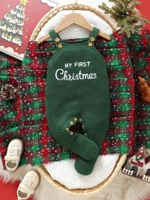 SHEIN 白色针织连体衣，婴儿款，无袖，饰有英文字母刺绣，新生儿连脚设计，休闲百搭。 - 綠色 - 查看 4