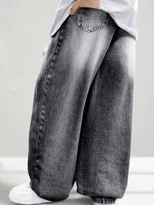 SHEIN Casuvi Kids Denimly Boys' Casual Daily Urban Street Elastic Waist Zipper Pocket Distressed Design Straight Leg Denim Jeans Oversized Jeans Y2k Baggy Jeans Black Baggy Jean - Light Grey - View 3