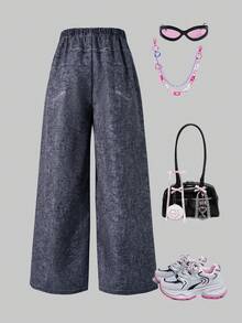 SHEIN ChillGRL 青少年女孩松紧腰宽松印花阔腿裤，适合街头和日常穿着，春秋季