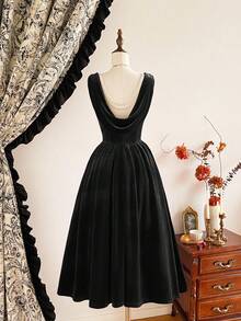 Vintamour Vintage Elegant Women's Velvet Pearl Chain Black Dress With Pockets,Autumn Dining Cocktail Party Holiday Christmas Halloween New Year Thanksgiving - Black - View 4