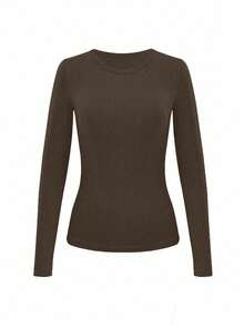 INAWLY Plus Size Women 3-Piece Set, Solid Color Round Neck Long Sleeve Ribbed Fitted T-Shirt - Multicolor - View 4