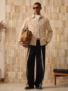 AKNOTIC 男士纯色编织腰带休闲衬衫 - 駝色 - 查看 3